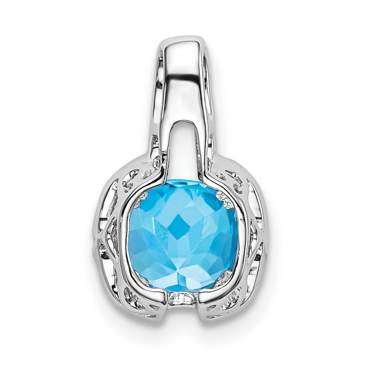 14k White Gold Pendant with Cushion Cut Swiss Blue Topaz and Diamond Halo