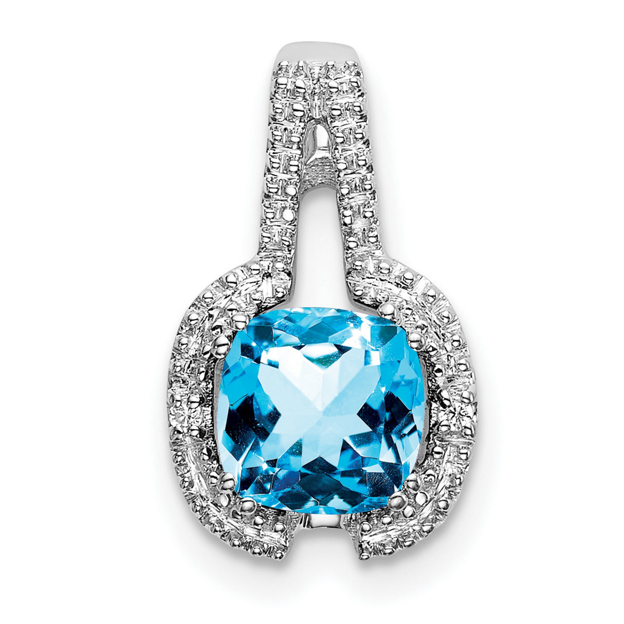 14k White Gold Pendant with Cushion Cut Swiss Blue Topaz and Diamond Halo
