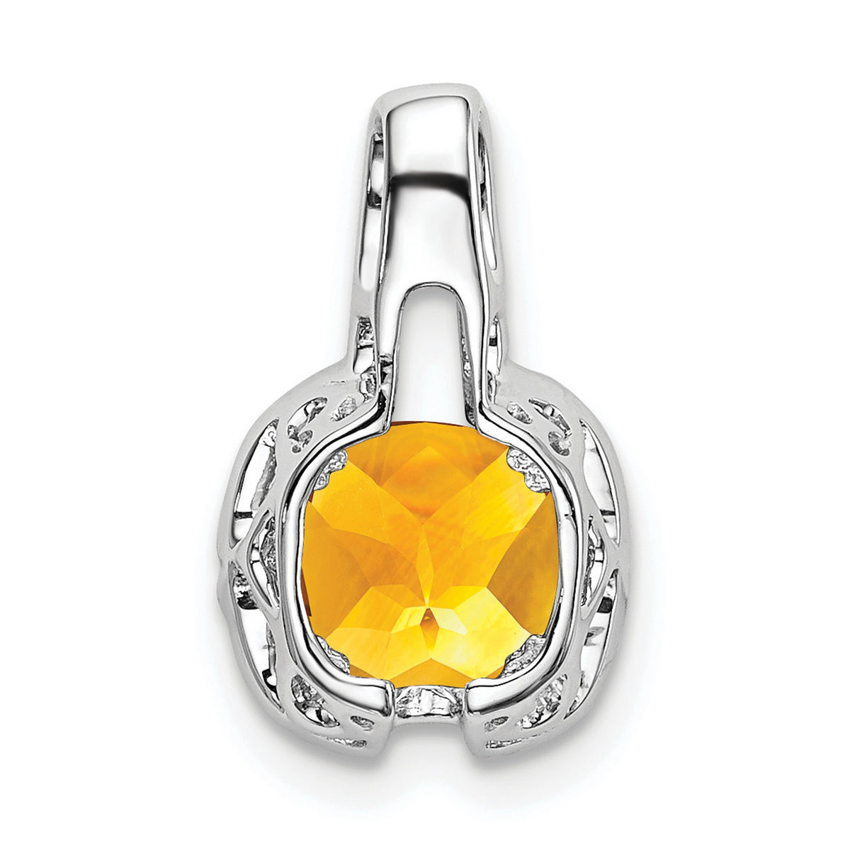 14k White Gold Pendant with Cushion Cut Citrine and Diamond Accents, Horseshoe Charm Design
