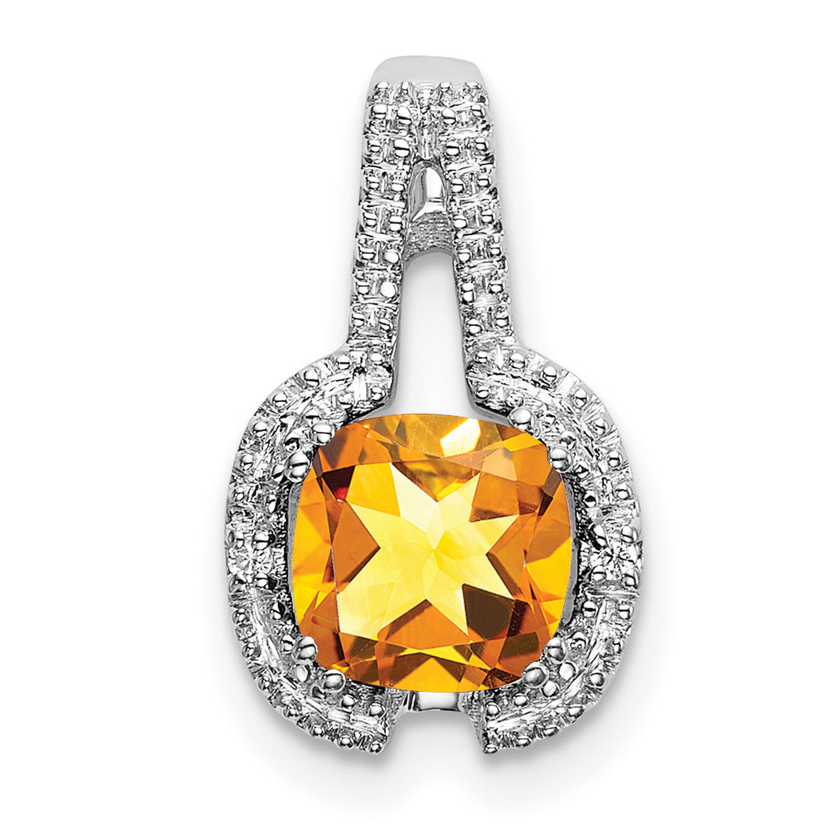 14k White Gold Pendant with Cushion Cut Citrine and Diamond Accents, Horseshoe Charm Design
