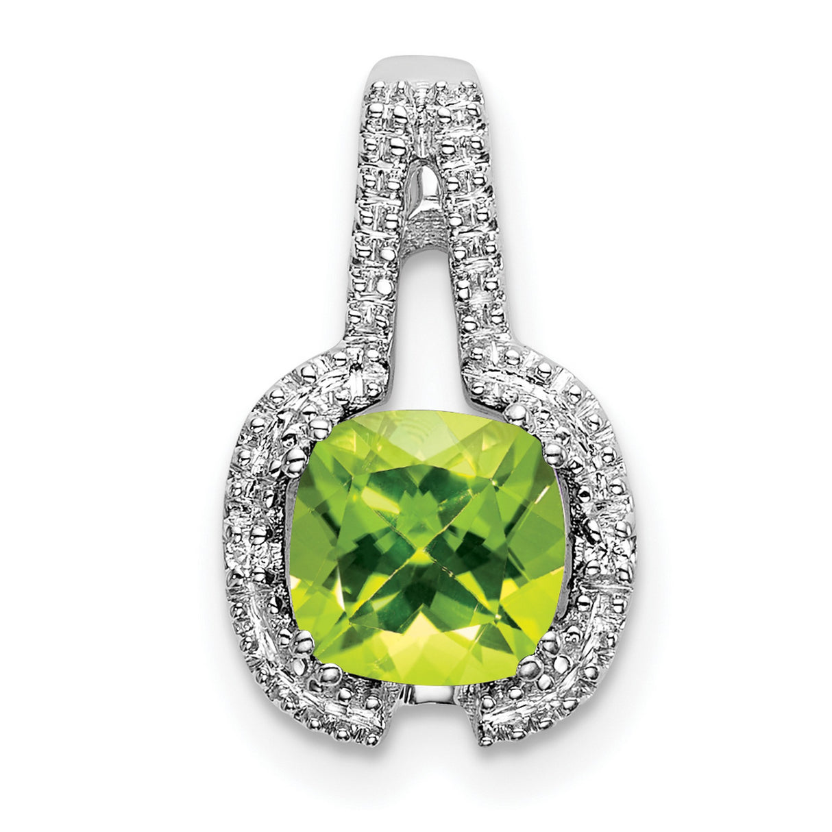 14k White Gold Pendant with Cushion Cut Peridot and Diamond Halo Accent