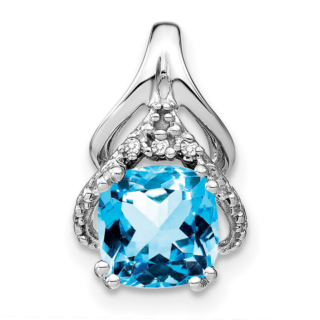 14k White Gold Pendant with Cushion Cut Swiss Blue Topaz and Diamond Accents
