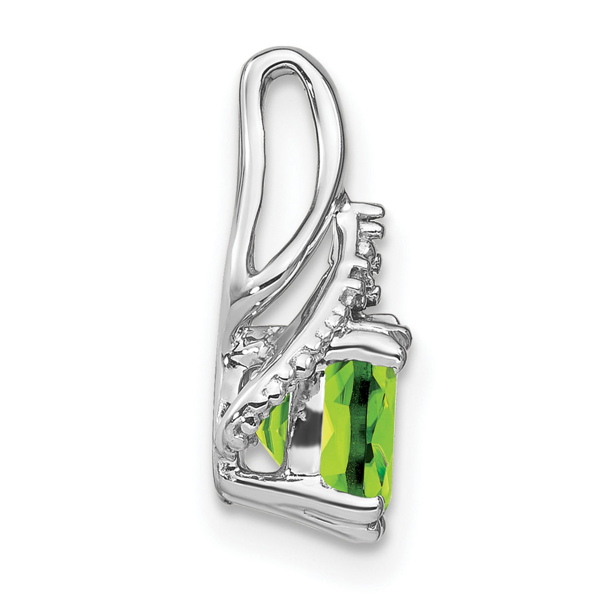 14k White Gold Pendant with Cushion Cut Peridot and Diamond Accents, Openwork Design