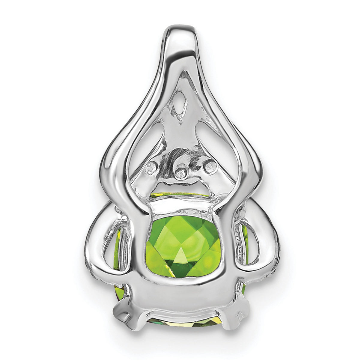 14k White Gold Pendant with Cushion Cut Peridot and Diamond Accents, Openwork Design