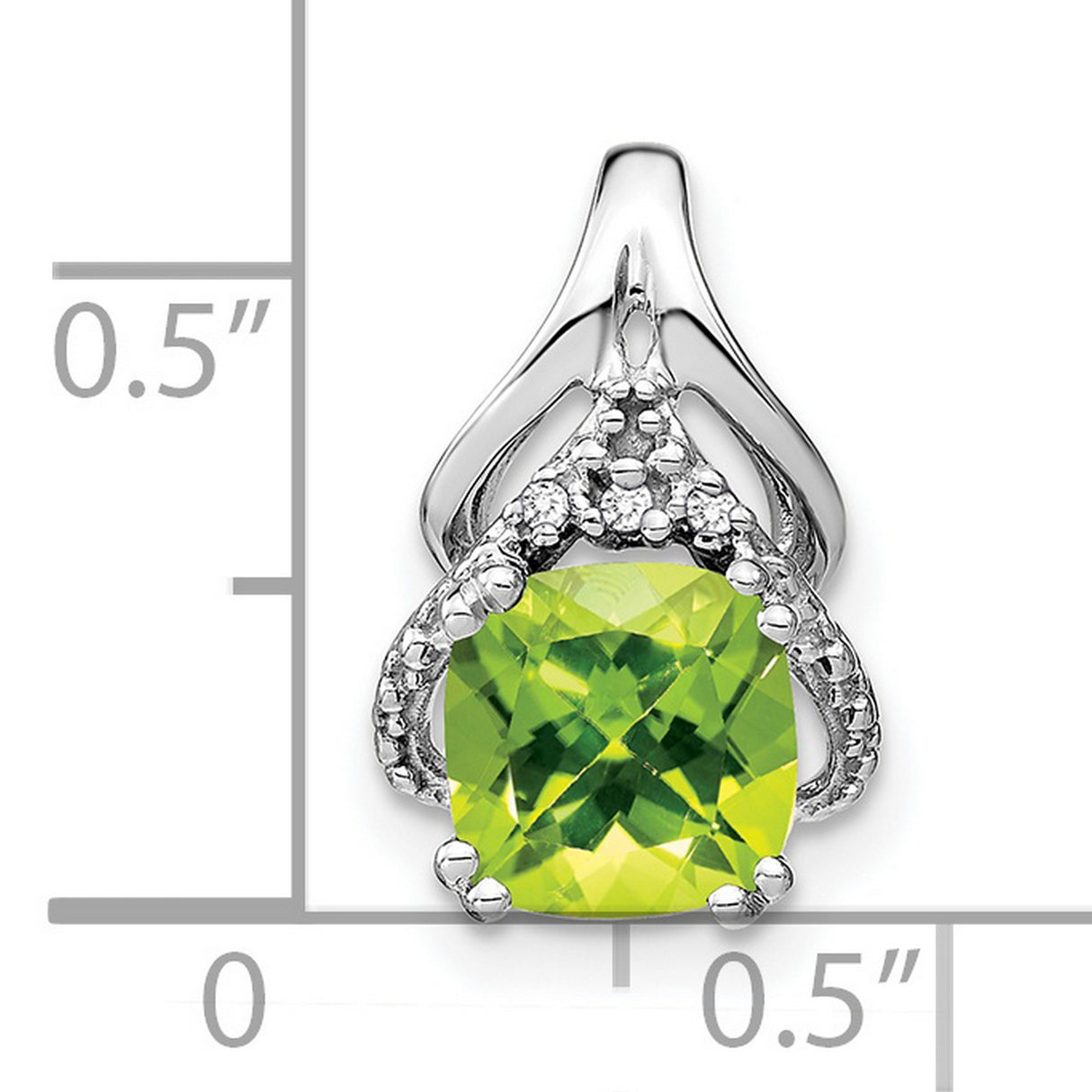 14k White Gold Pendant with Cushion Cut Peridot and Diamond Accents, Openwork Design