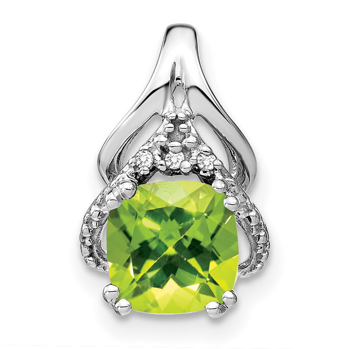 14k White Gold Pendant with Cushion Cut Peridot and Diamond Accents, Openwork Design