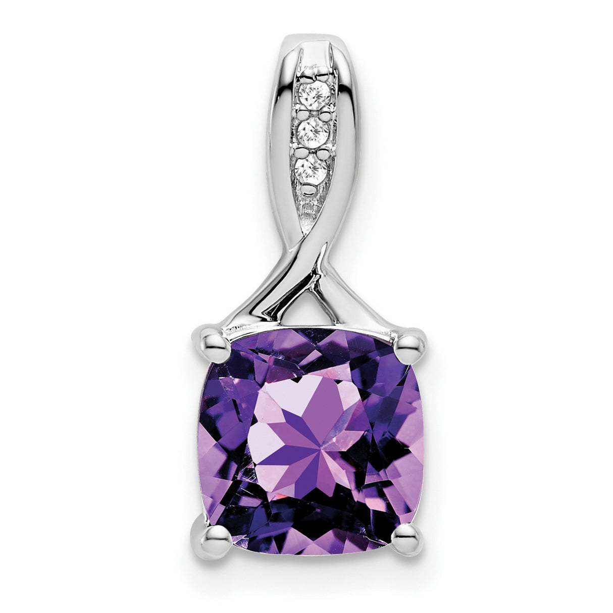 14k White Gold Pendant with Cushion Cut Amethyst and Diamond Bail, February Birthstone Jewelry