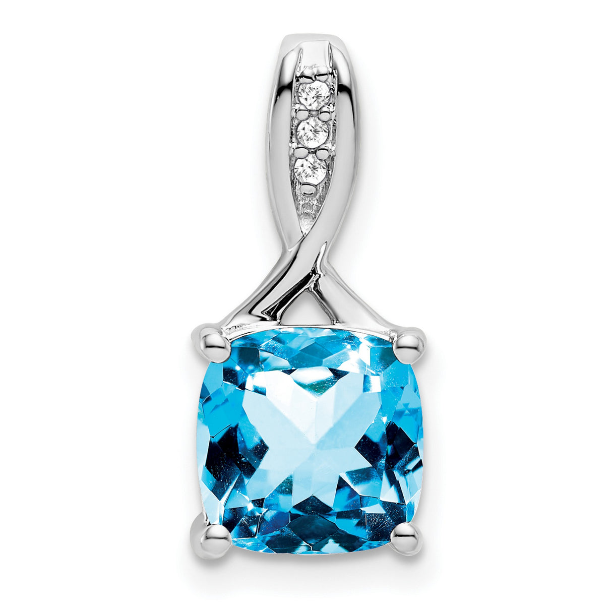 14k White Gold Pendant with Cushion Cut Swiss Blue Topaz and Diamond Accent Bail
