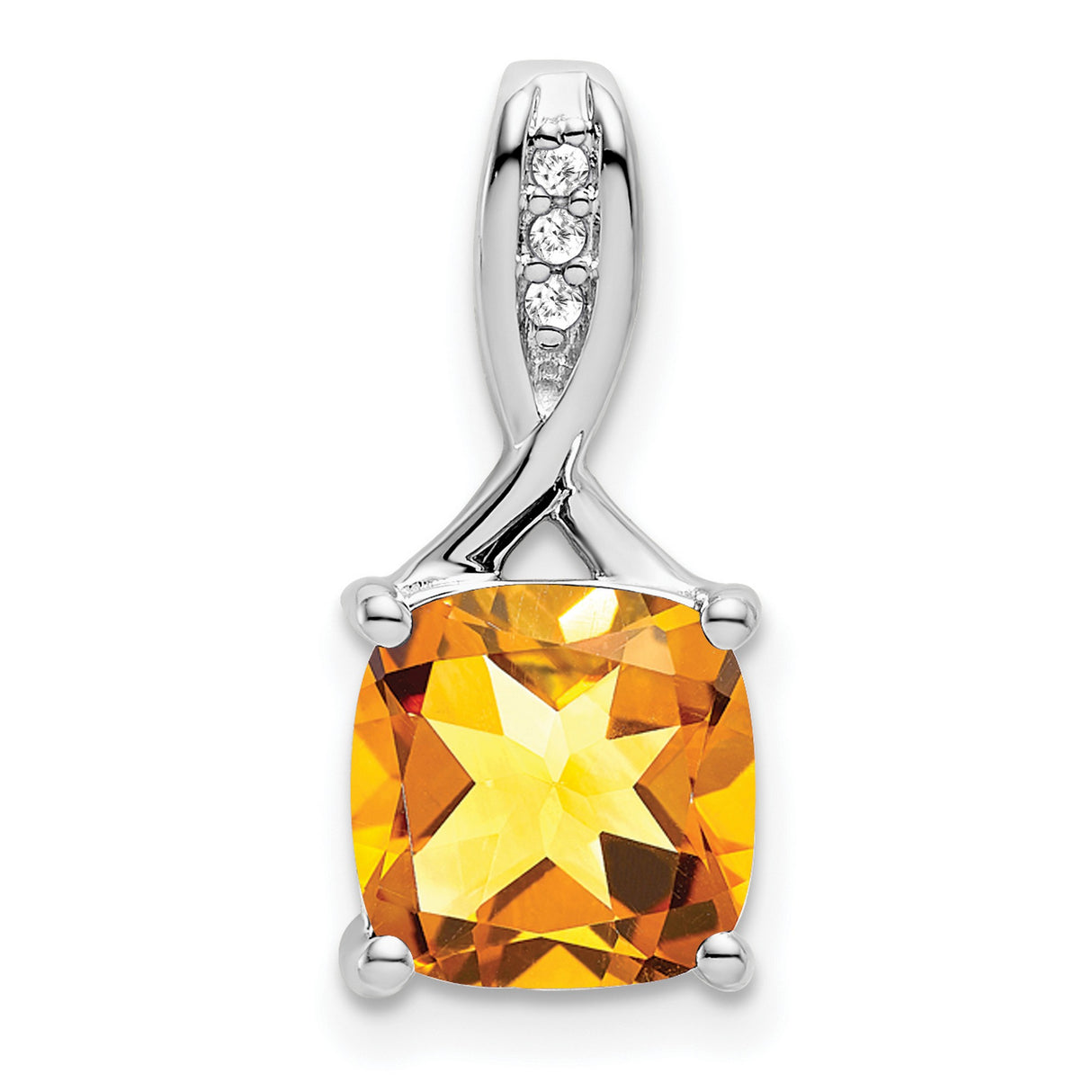 14k White Gold Pendant with Cushion Cut Citrine and Diamond Accents, Twist Bail Design