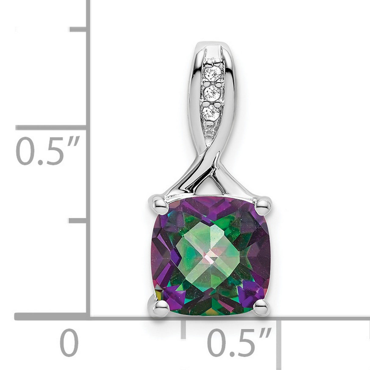 14k White Gold Pendant with Cushion Cut Mystic Fire Topaz and Diamond Accents, Twisted Bail Design