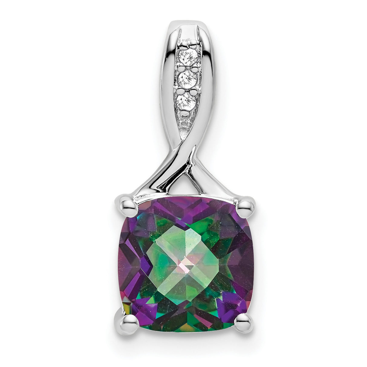 14k White Gold Pendant with Cushion Cut Mystic Fire Topaz and Diamond Accents, Twisted Bail Design