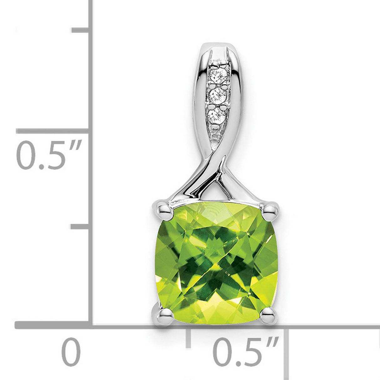 14k White Gold Pendant with Cushion Cut Peridot and Diamond Accented Bail, Twisted Setting