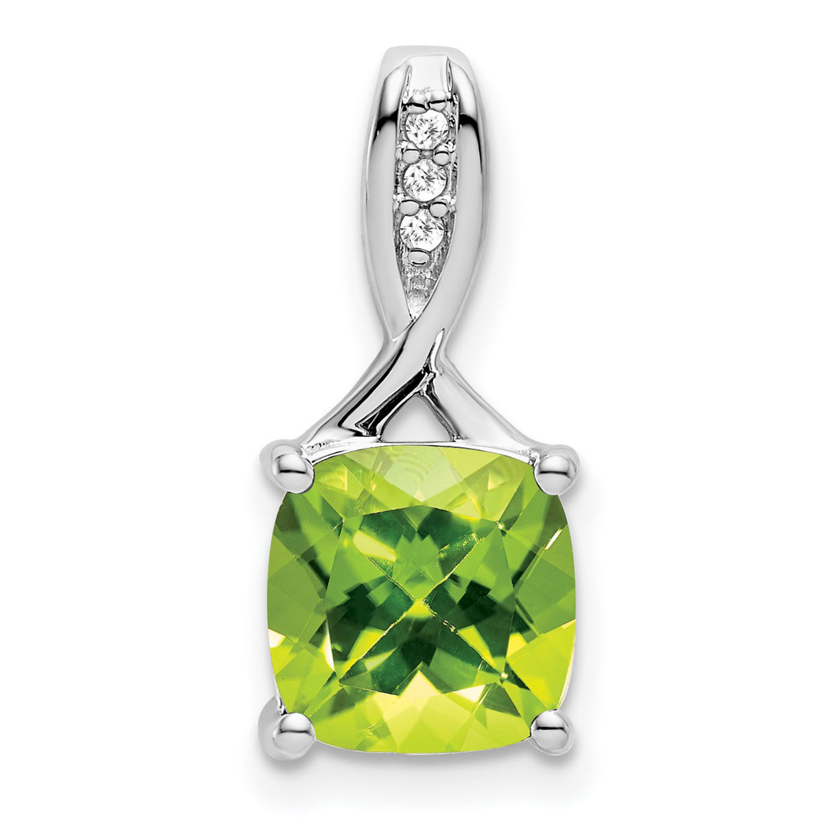 14k White Gold Pendant with Cushion Cut Peridot and Diamond Accented Bail, Twisted Setting