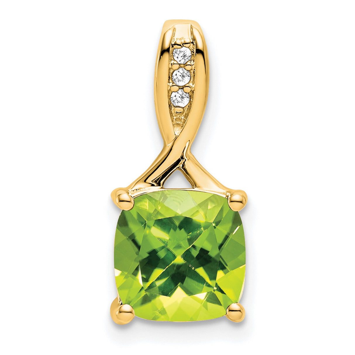 14k Yellow Gold Pendant with Cushion Cut Peridot, Diamond Accents, Twisted Bail Design