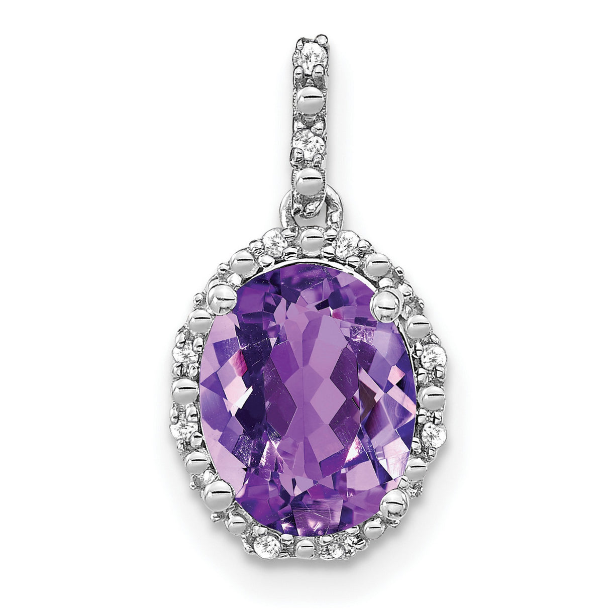 14k White Gold Pendant with Oval Amethyst and Diamond Halo, February Birthstone Jewelry