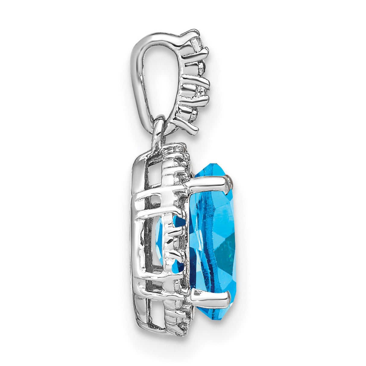 14k White Gold Pendant with Oval Swiss Blue Topaz and Diamond Halo