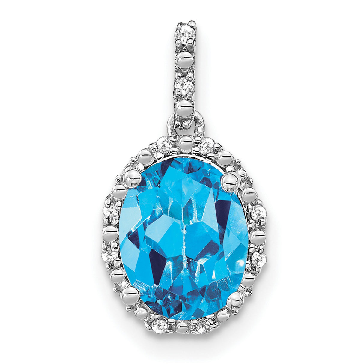 14k White Gold Pendant with Oval Swiss Blue Topaz and Diamond Halo