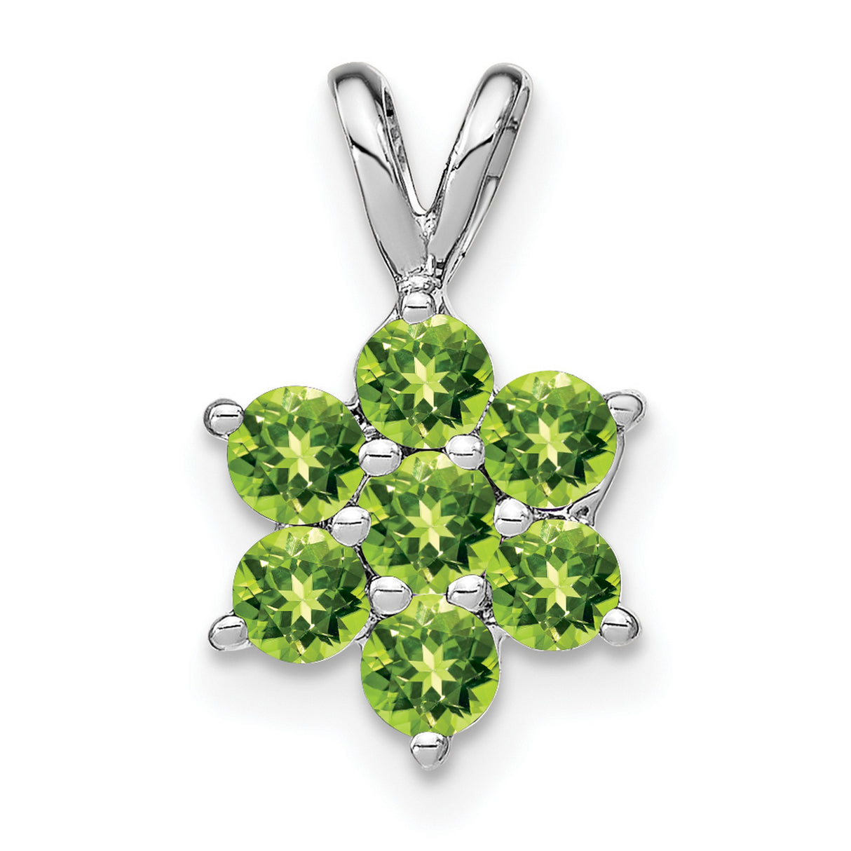 14k White Gold Flower Pendant with Green Peridot Gemstones, Floral Design Charm