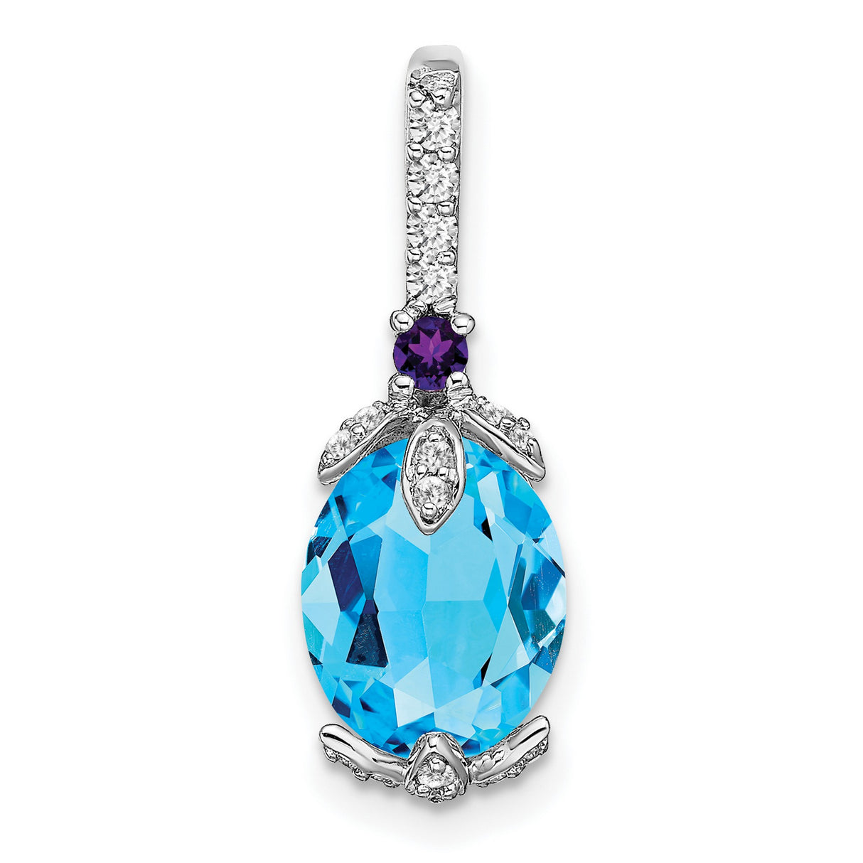 14k White Gold Pendant with Swiss Blue Topaz, Amethyst Accent, and Diamond-Like Stones