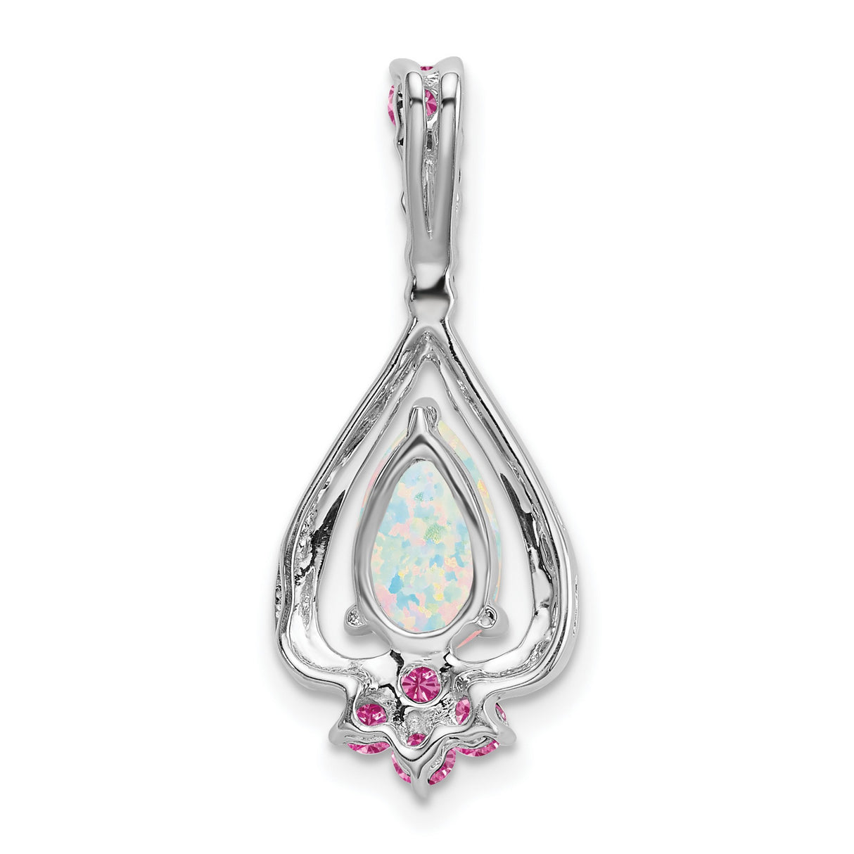14k White Gold Pendant with Pear-Shaped Opal and Pink Sapphires, Floral Design for Women