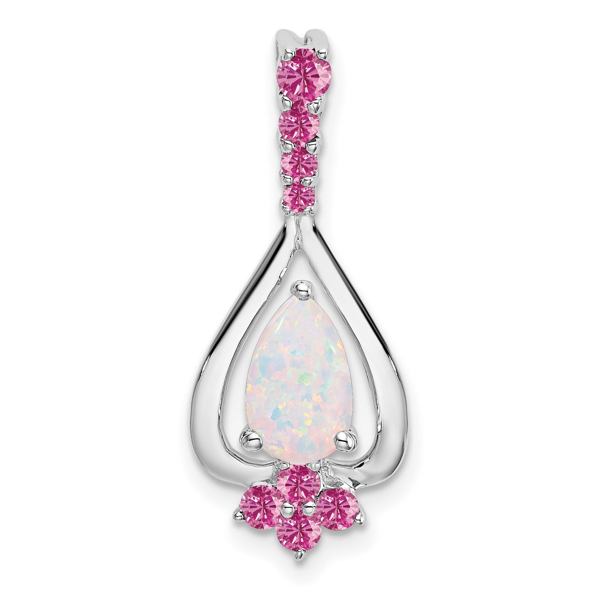 14k White Gold Pendant with Pear-Shaped Opal and Pink Sapphires, Floral Design for Women