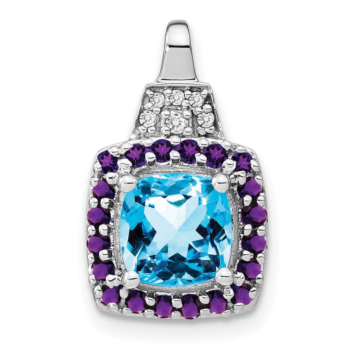 Blue Topaz Amethyst Diamond Charm Pendant in Real 14k White Gold