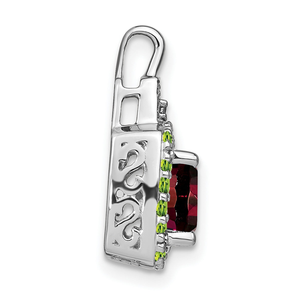 14k White Gold Pendant with Red Garnet Center, Green Peridot Halo, Diamond Accents, Halo Style