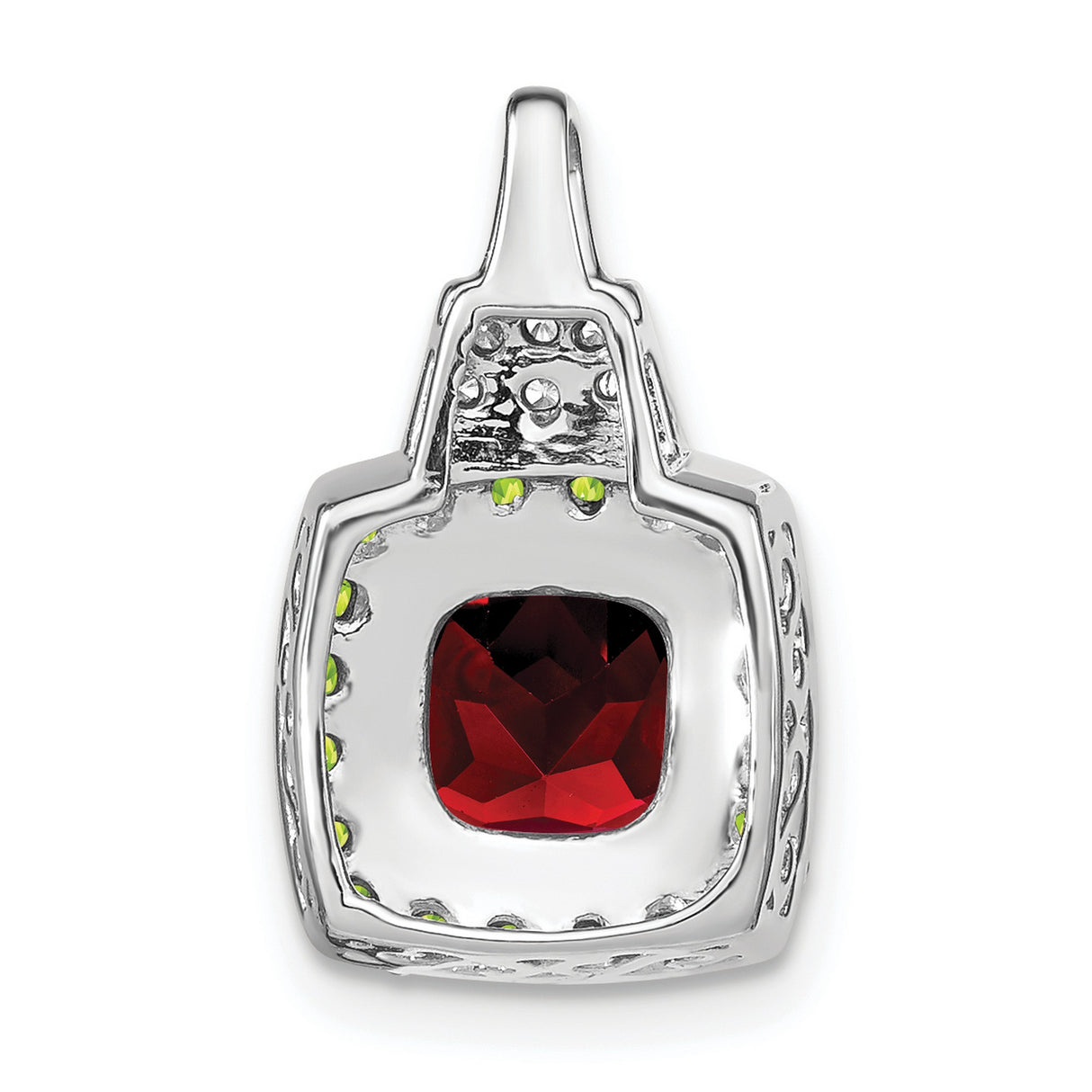 14k White Gold Pendant with Red Garnet Center, Green Peridot Halo, Diamond Accents, Halo Style