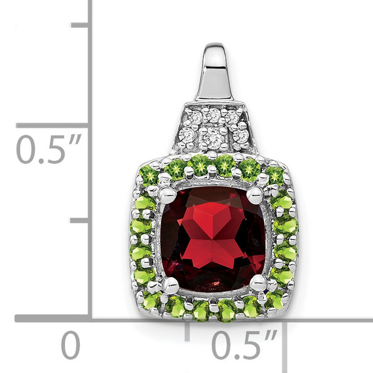 14k White Gold Pendant with Red Garnet Center, Green Peridot Halo, Diamond Accents, Halo Style