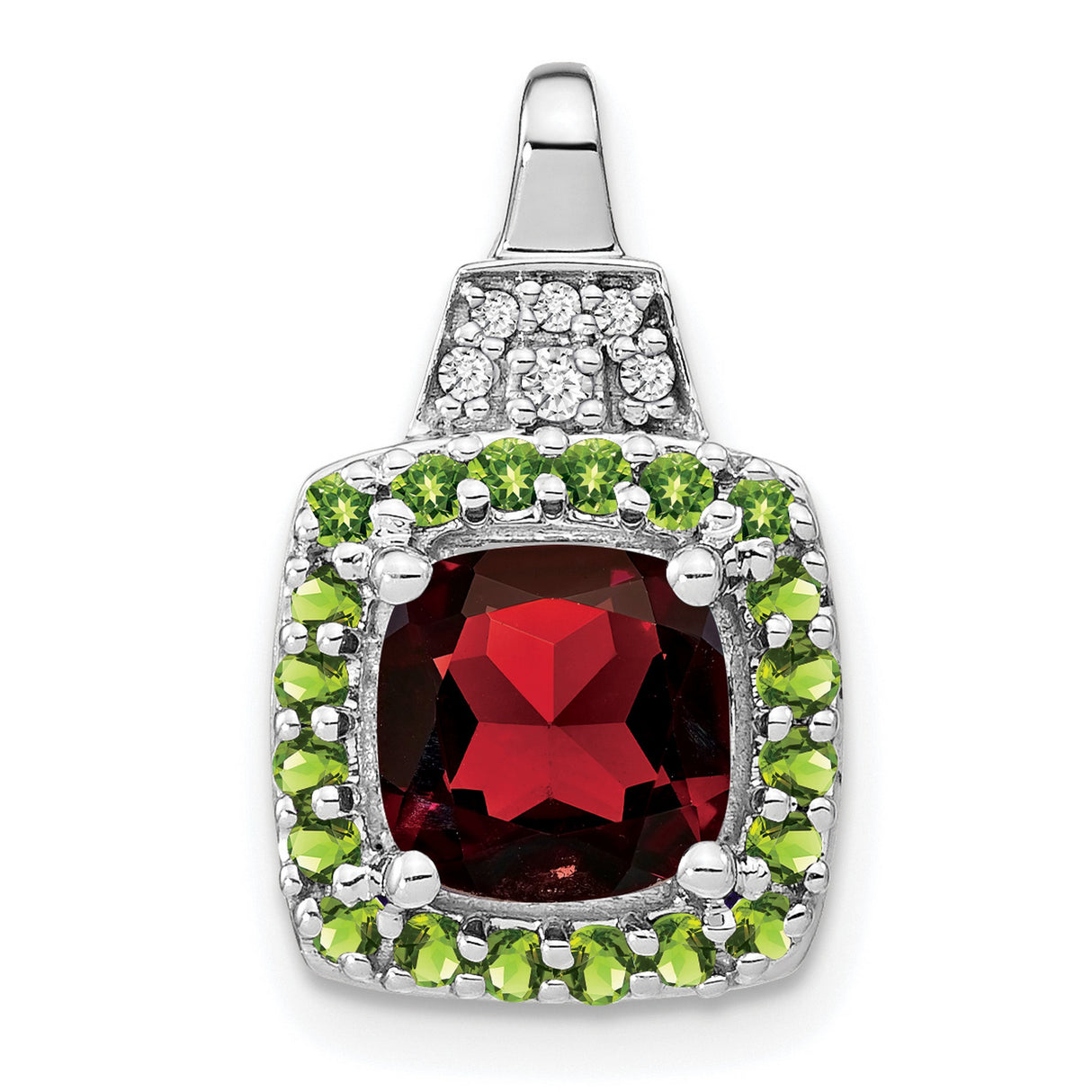14k White Gold Pendant with Red Garnet Center, Green Peridot Halo, Diamond Accents, Halo Style