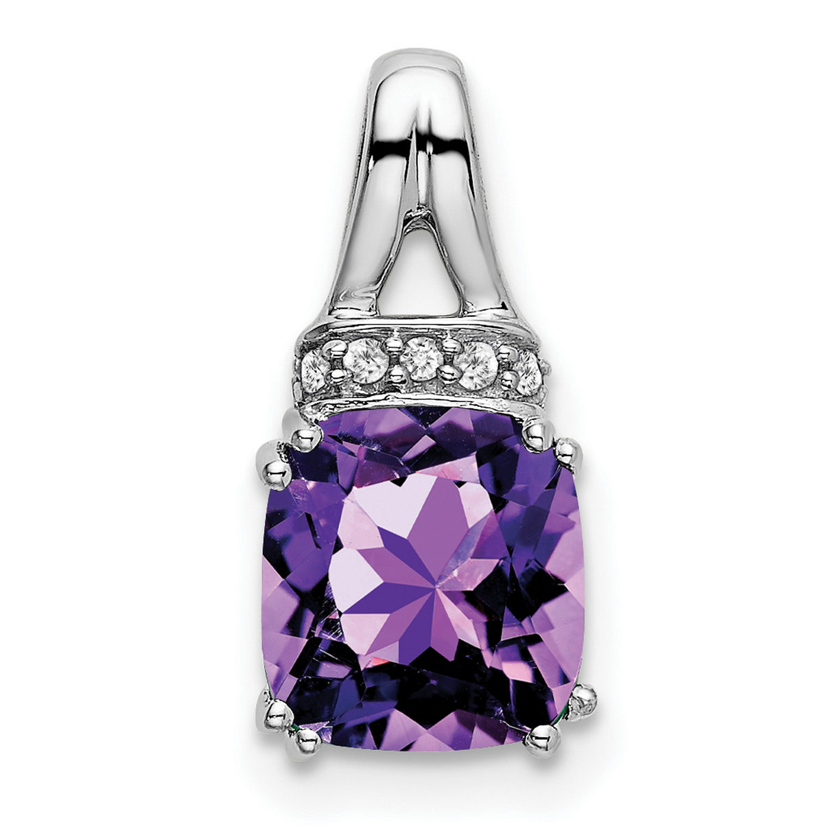 14k White Gold Amethyst Pendant with Diamond Accents, Cushion Cut February Birthstone