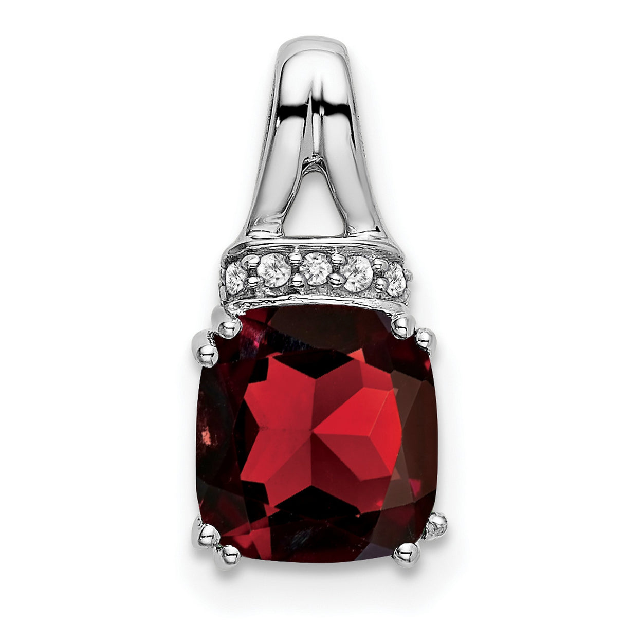 14k White Gold Pendant with Cushion Cut Garnet and Diamond Accents, January Birthstone Jewelry