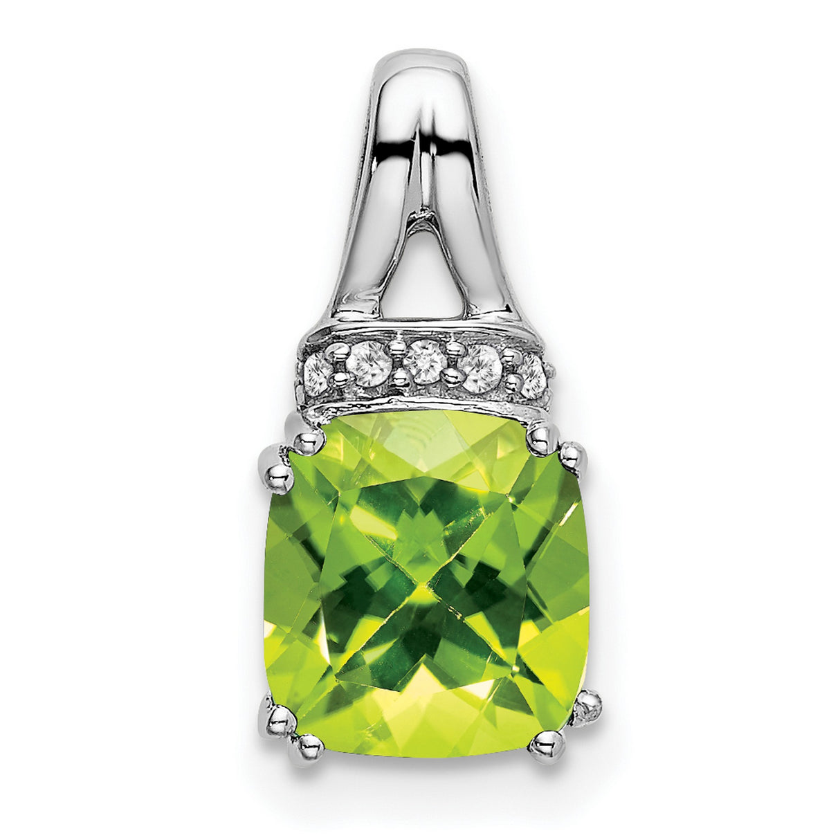 14k White Gold Pendant with Cushion Cut Peridot and Diamond Accented Bail