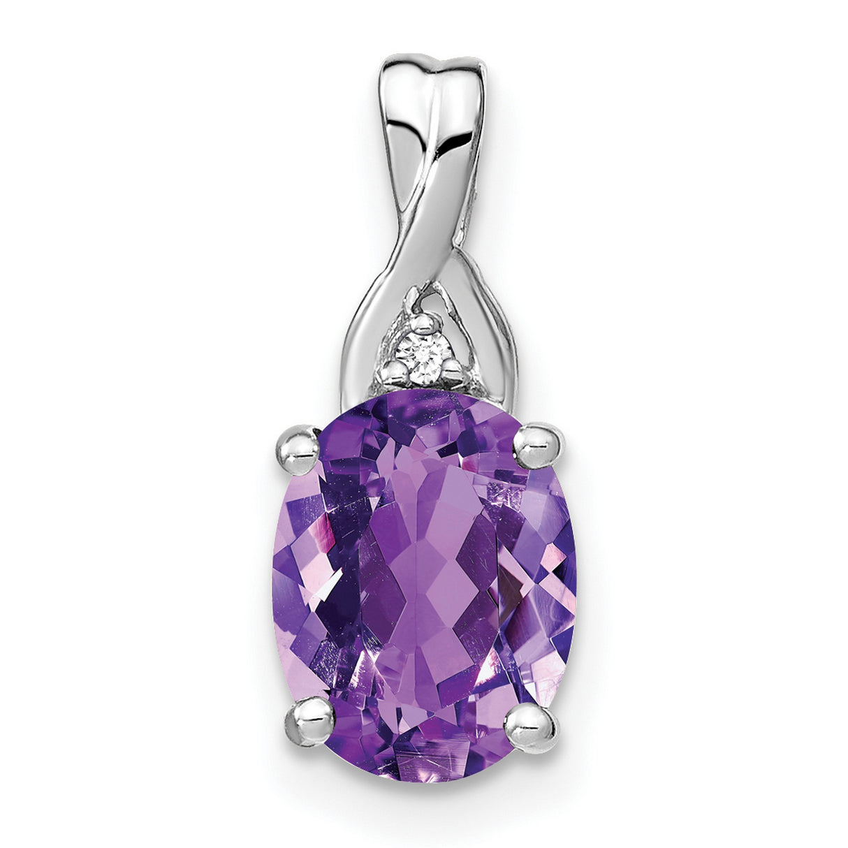 14k White Gold Amethyst Pendant with Diamond Accent, Twisted Bail Design, February Birthstone