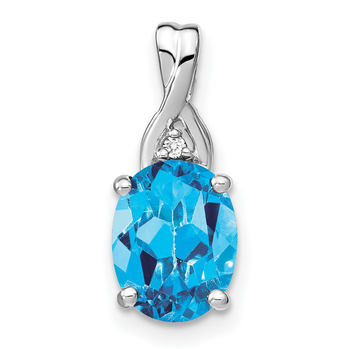 14k White Gold Pendant with Swiss Blue Topaz and Diamond, Twisted Bail Design
