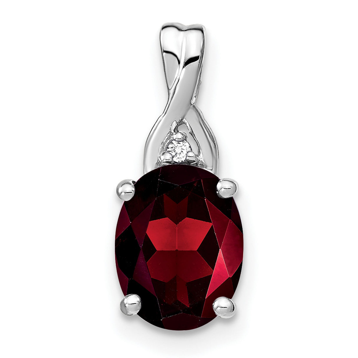 14k White Gold Pendant with Oval Garnet and Diamond Accent, Twisted Bail Design
