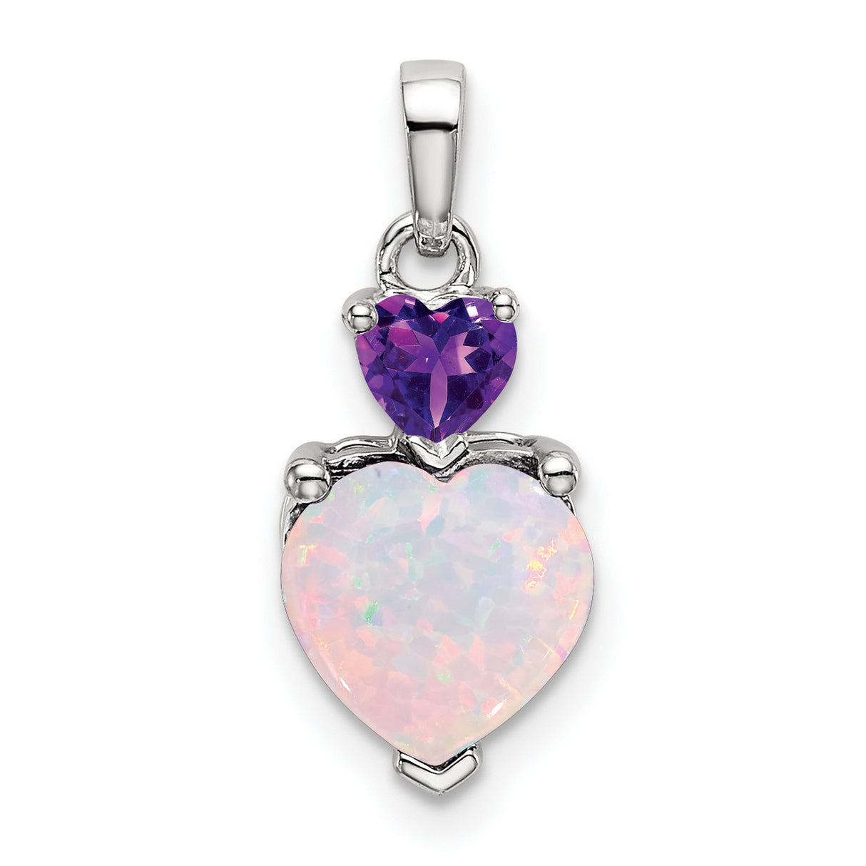 14k White Gold Heart Pendant with White Opal and Amethyst, Romantic Jewelry for Women