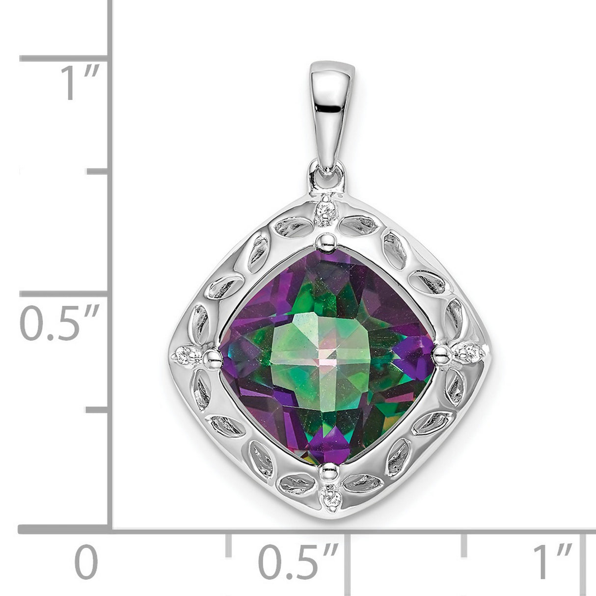 Sterling Silver Pendant with Cushion Cut Mystic Fire Topaz and Diamond, Leaf Design