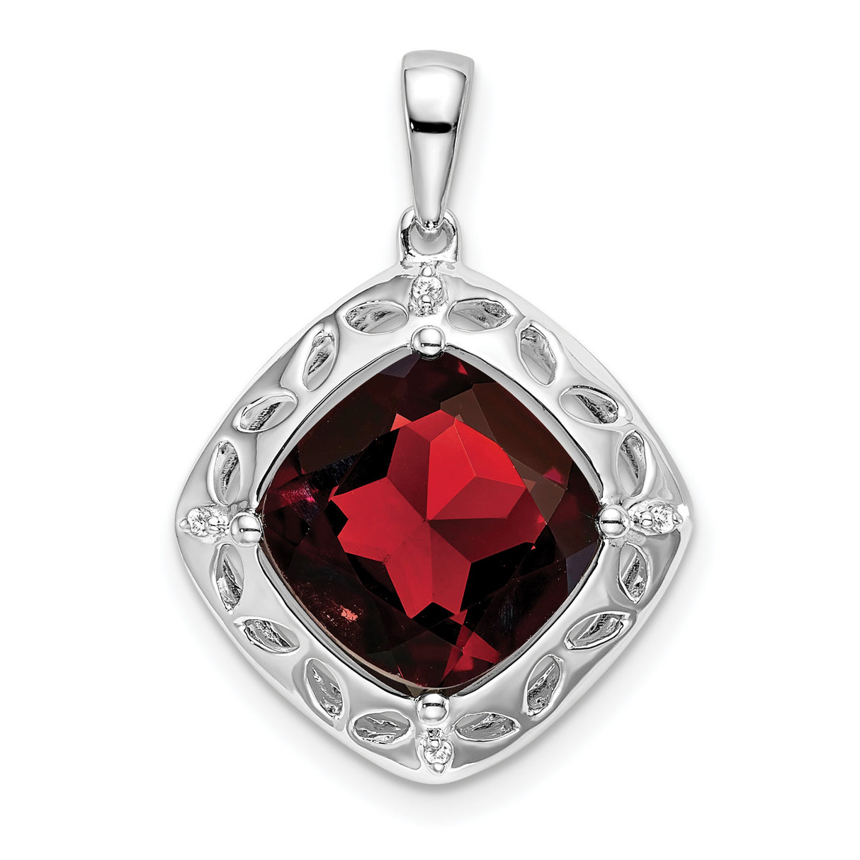 Sterling Silver Pendant with Garnet and Diamond, Leaf Openwork Frame, Nature-Inspired Design