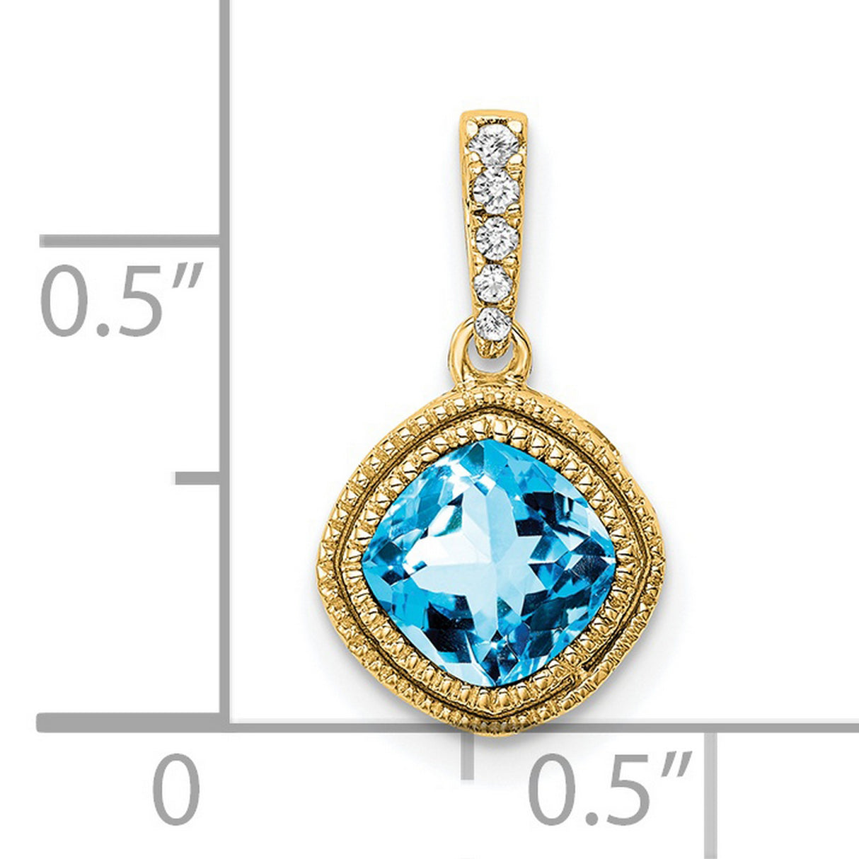 14k Yellow Gold Pendant with Swiss Blue Topaz, Diamond Accent Bail, Detailed Border
