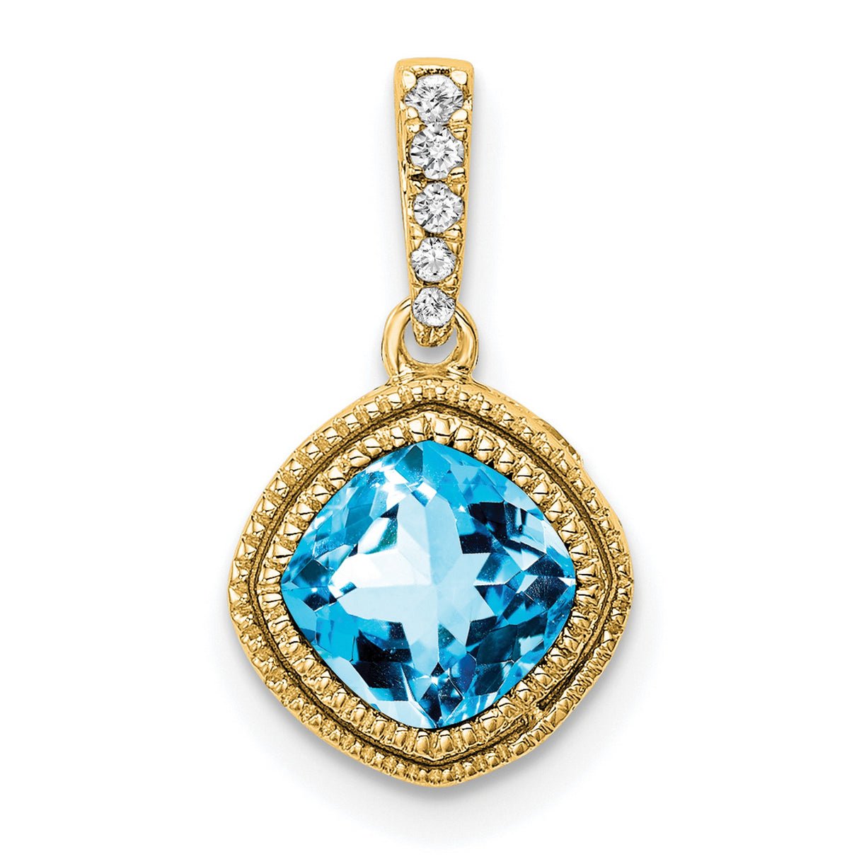 14k Yellow Gold Pendant with Swiss Blue Topaz, Diamond Accent Bail, Detailed Border