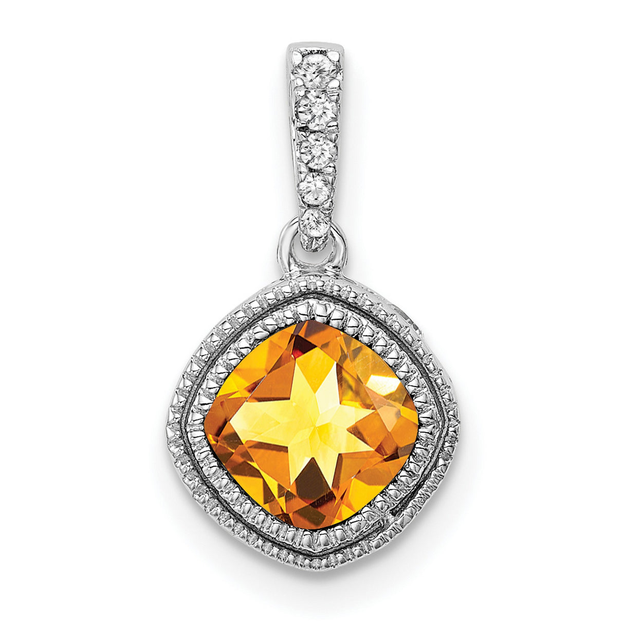 10k White Gold Pendant with Cushion Cut Citrine and Diamond Halo