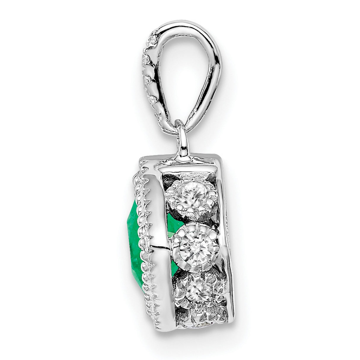 14k White Gold Emerald Pendant with Diamond Halo, Cushion Cut, for Women