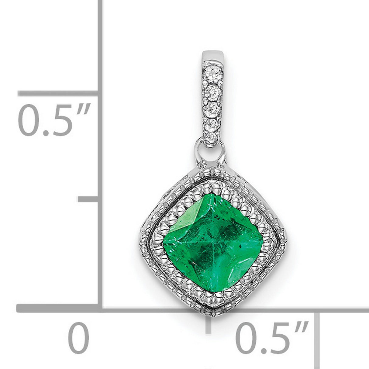 14k White Gold Emerald Pendant with Diamond Halo, Cushion Cut, for Women