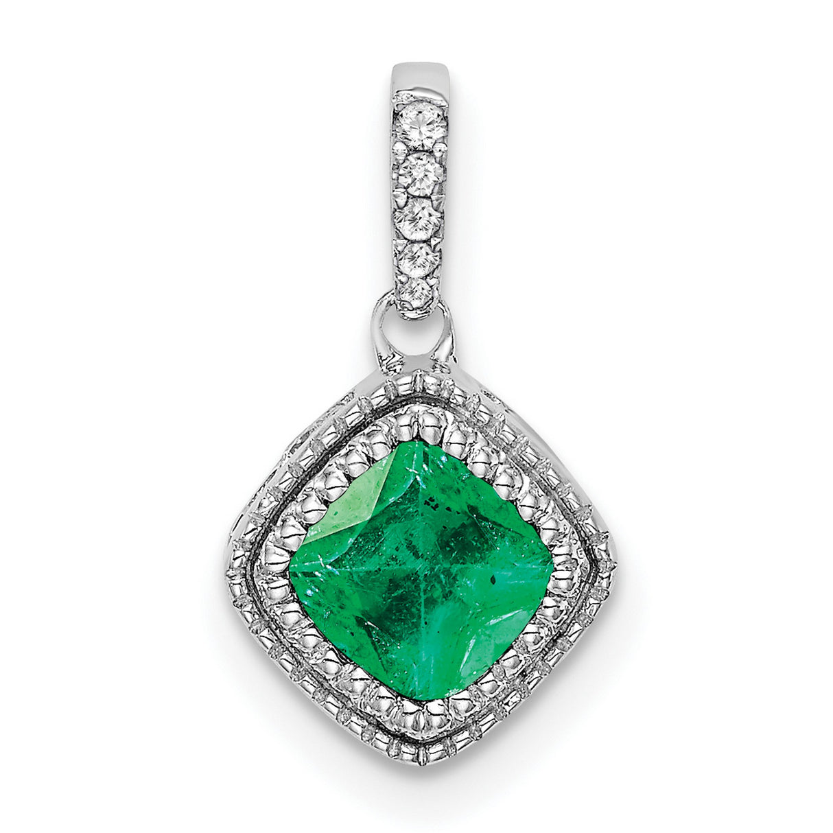 14k White Gold Emerald Pendant with Diamond Halo, Cushion Cut, for Women