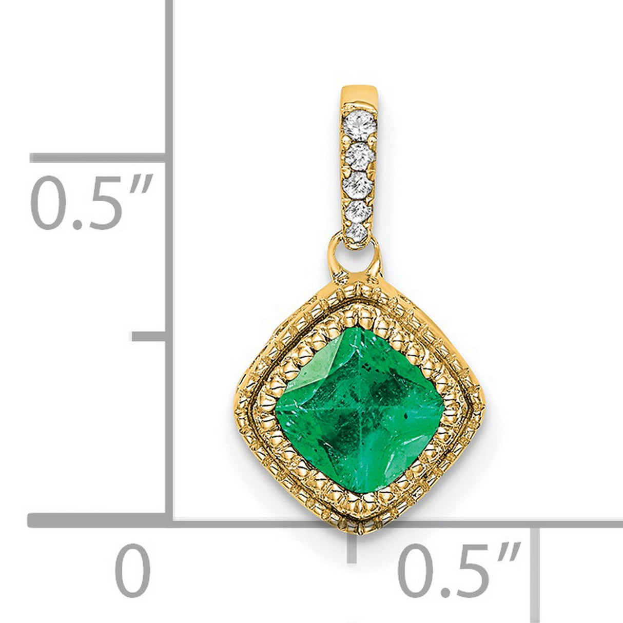 14k Yellow Gold Pendant with Square Cut Emerald, Diamond Accent Bail, Textured Detail