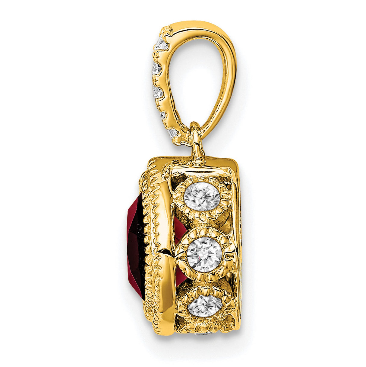 10k Yellow Gold Pendant with Cushion Cut Garnet and Diamond Accented Bail, Vintage Style