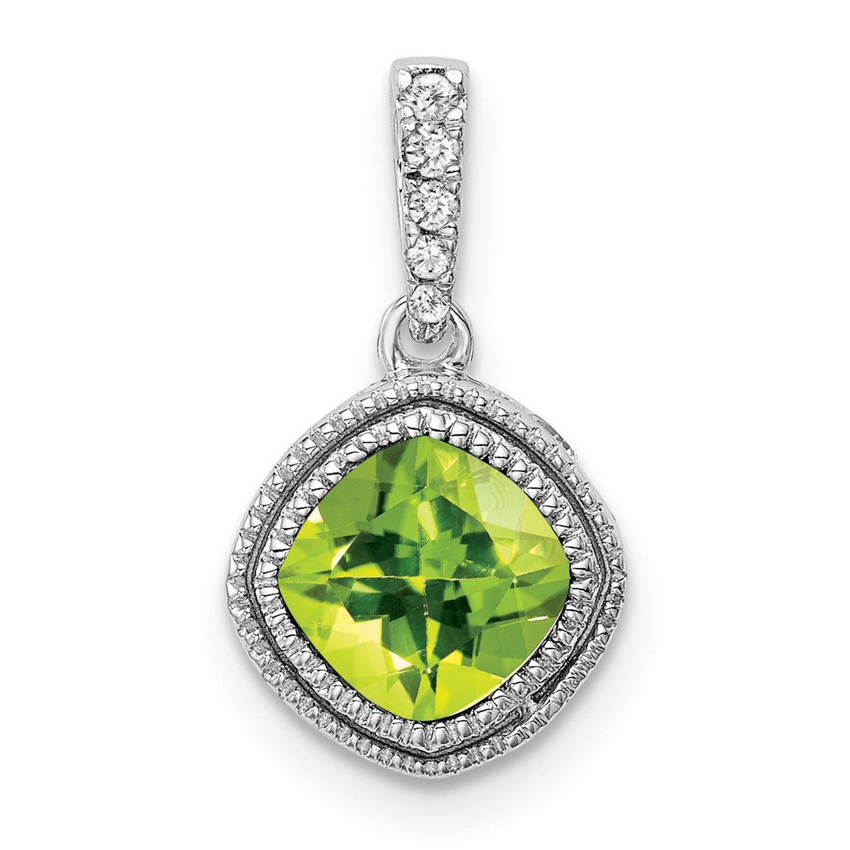 10k White Gold Pendant with Cushion Cut Peridot and Diamond Accents, August Birthstone Jewelry