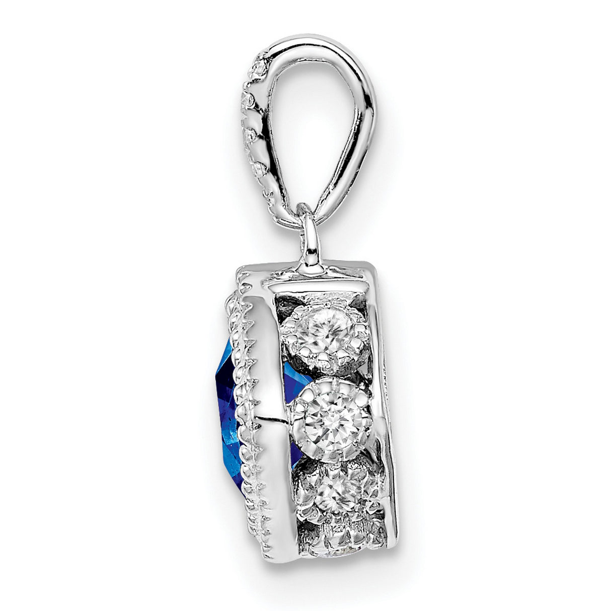 14k White Gold Pendant with Cushion Cut Sapphire and Diamond Halo Design