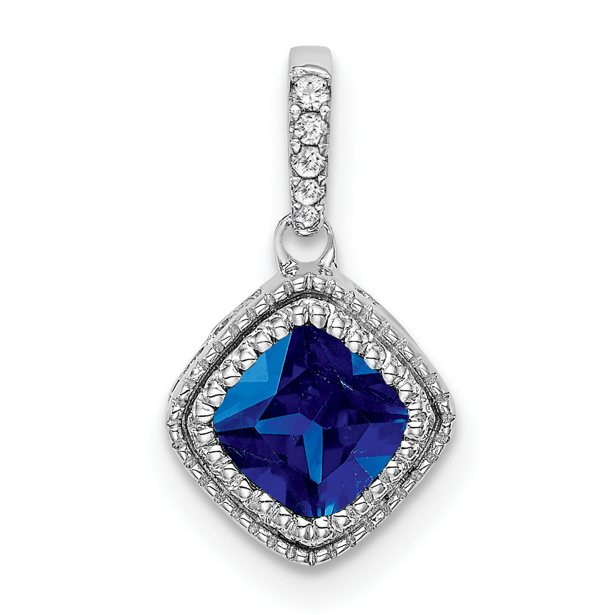 14k White Gold Pendant with Cushion Cut Sapphire and Diamond Halo Design